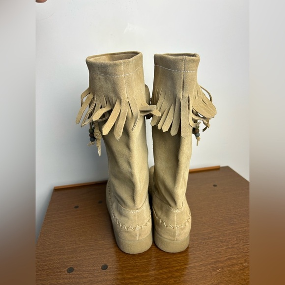 VTG Y2k Report Dubai Tan Suede Genuine leather Shoes Fringe platform Size 9 Wome - Picture 11 of 16